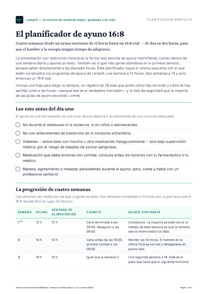 El planificador de ayuno 16:8 — PDF gratuito