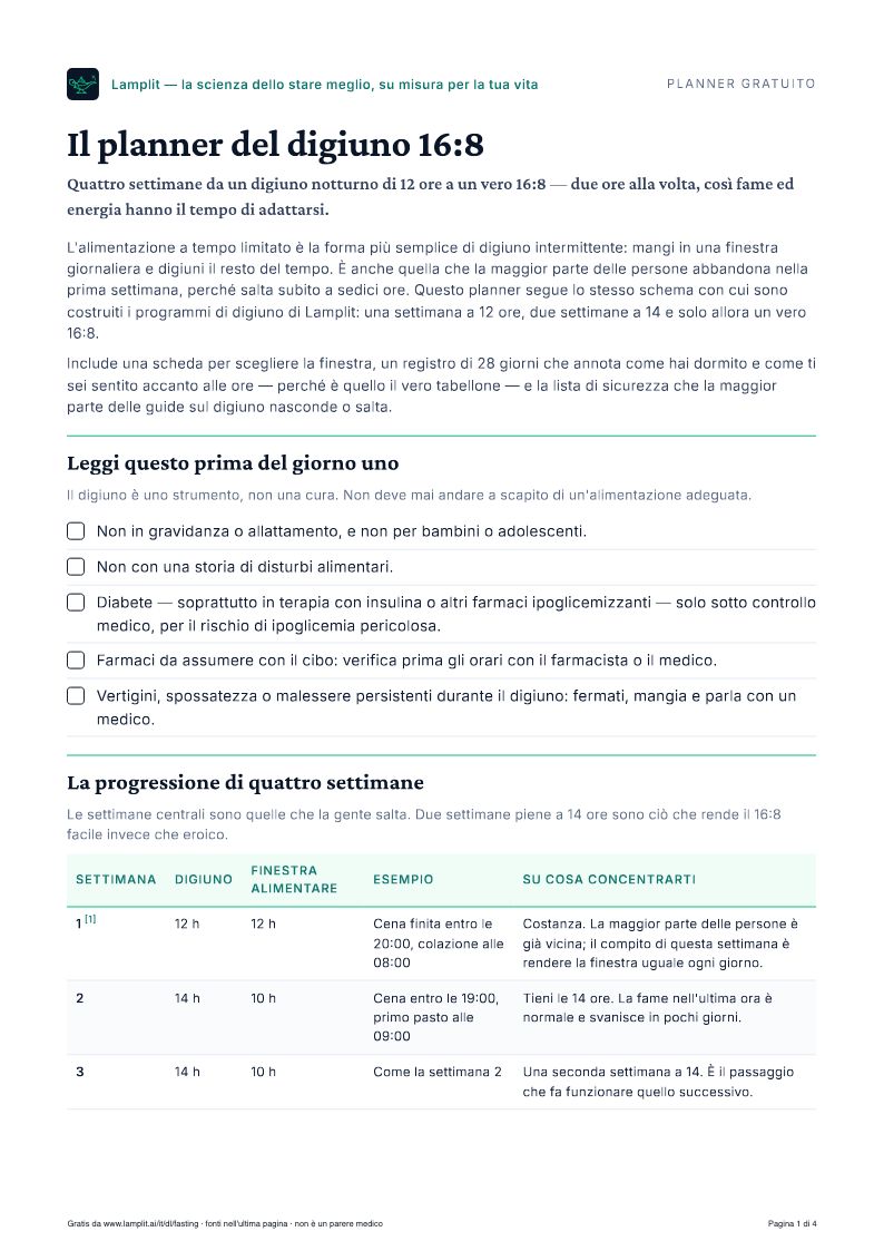 Il planner del digiuno 16:8 — PDF gratuito