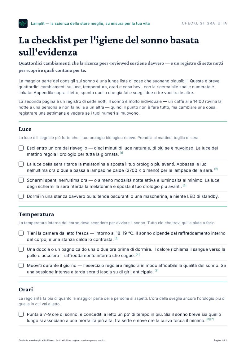 La checklist per l'igiene del sonno basata sull'evidenza — PDF gratuito