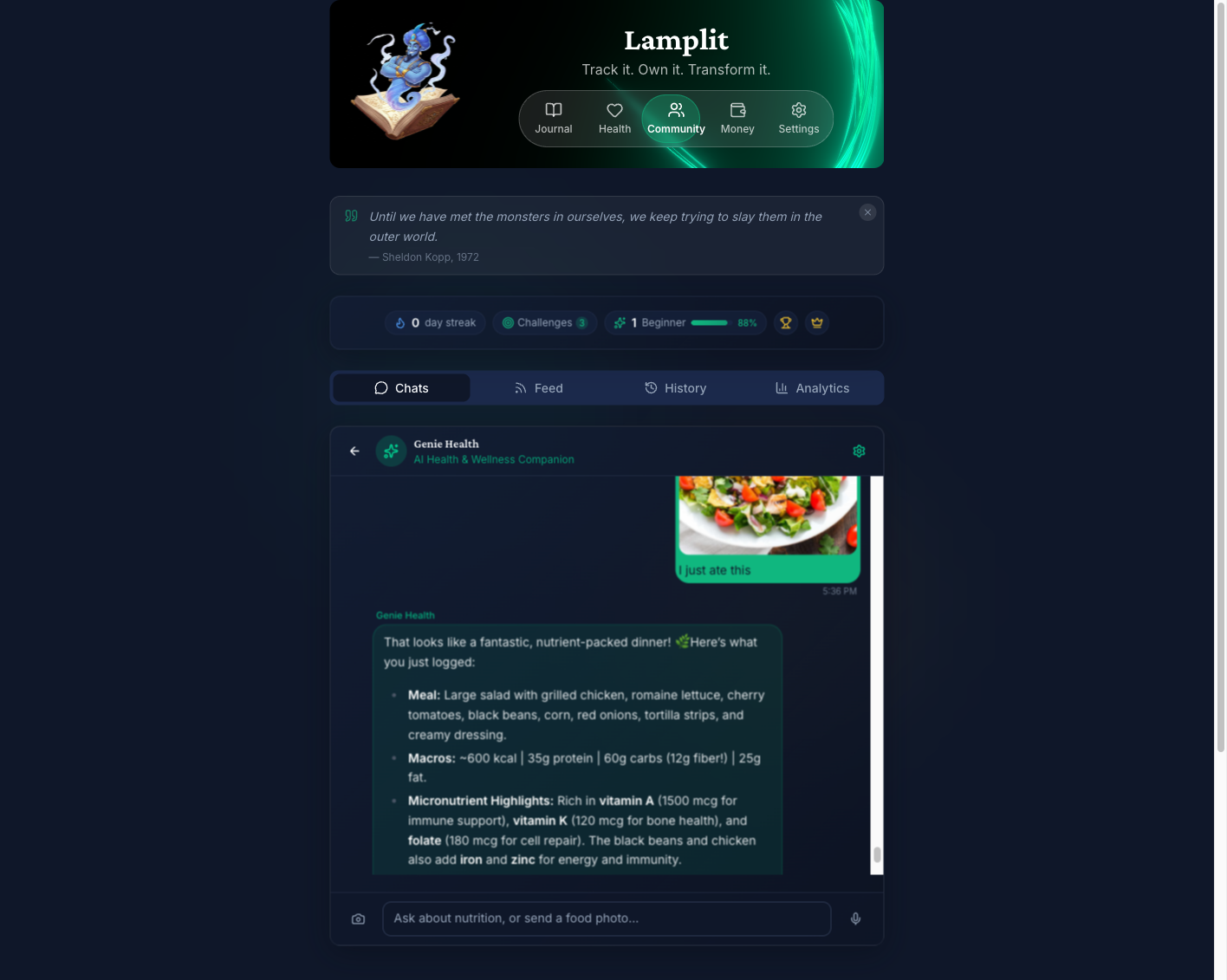 Lamplit app screenshot showing the Genie Chats feature — Genie Chats lets you have real, back-and-forth conversations about your wellness