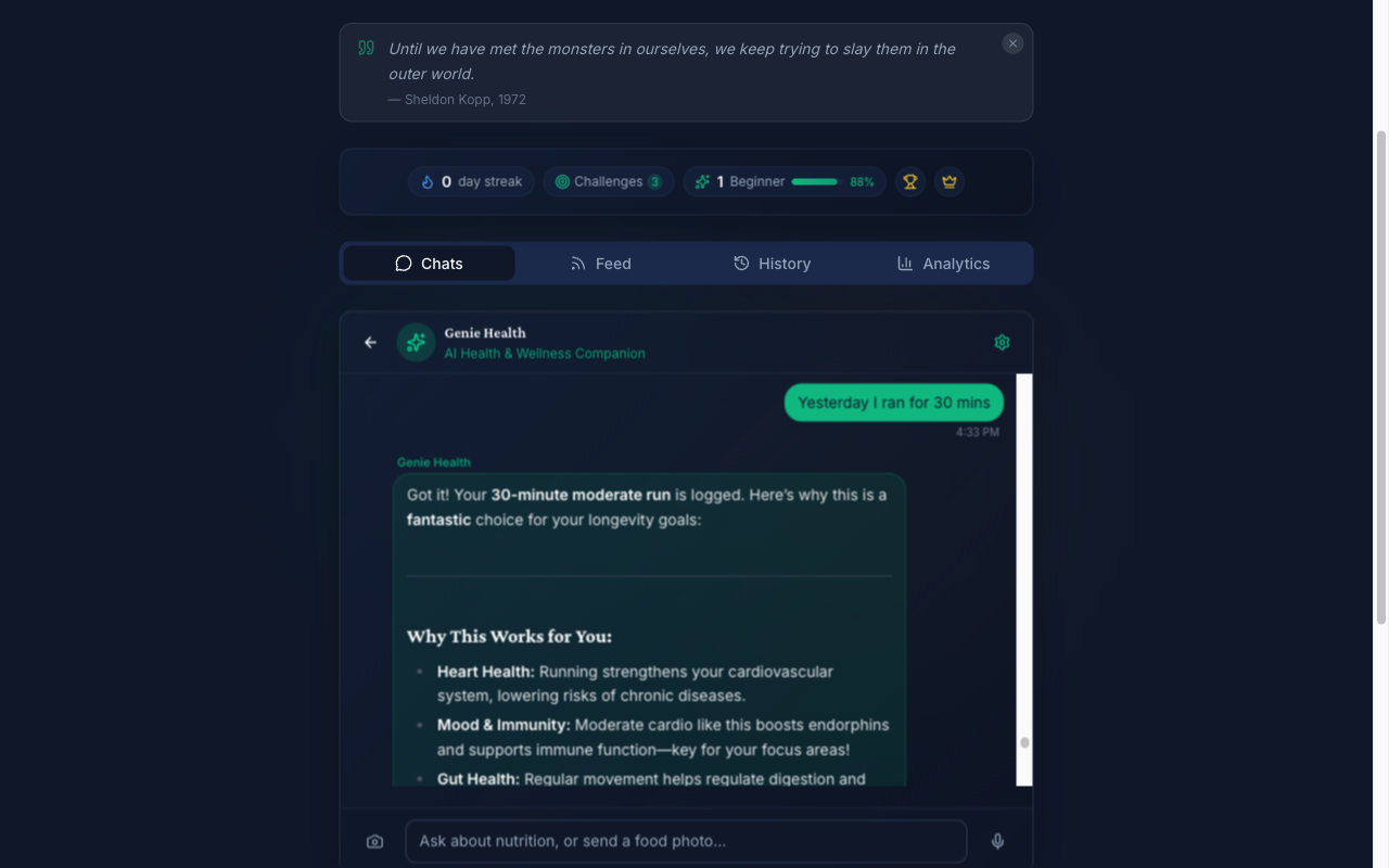 Lamplit app screenshot showing the Genie Intelligence feature — Genie Intelligence is your agentic AI wellness advisor. It doesn’t just analyse 