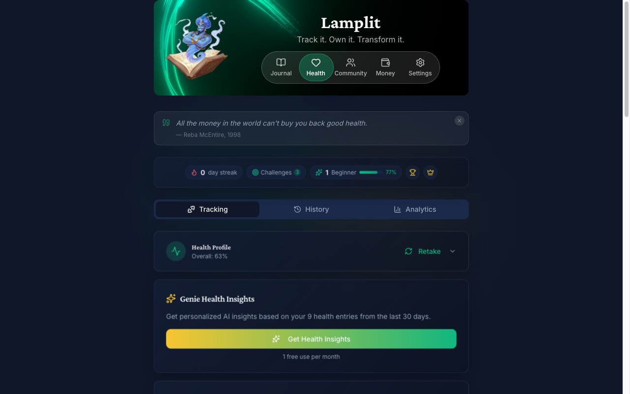 Lamplit app screenshot showing the Health & Fitness feature — Track workouts, sleep, nutrition, fasting, meditation, supplements, and lab test