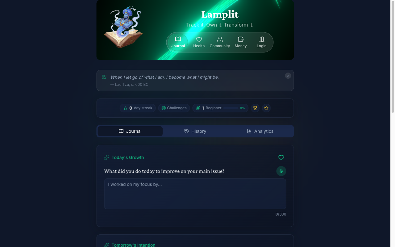 Lamplit app screenshot showing the Journal & Mood Tracking feature — Three guided reflection prompts help you process your day in under 5 minutes. Ou